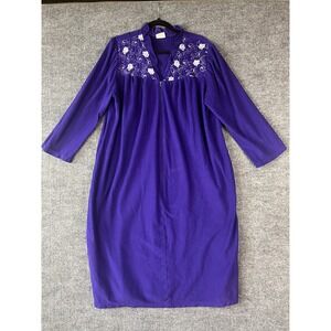 Basic Editions Purple Floral Embroidered House Dress Robe Pockets XL 90s